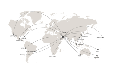 Range map showing ACJ330neo flight capabilities from Dubai