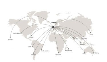 Range map showing ACJ350 flight capabilities from London