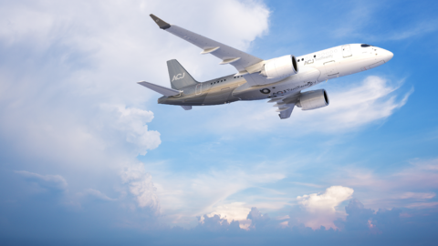 ACJ TwoTwenty flying in the sky 