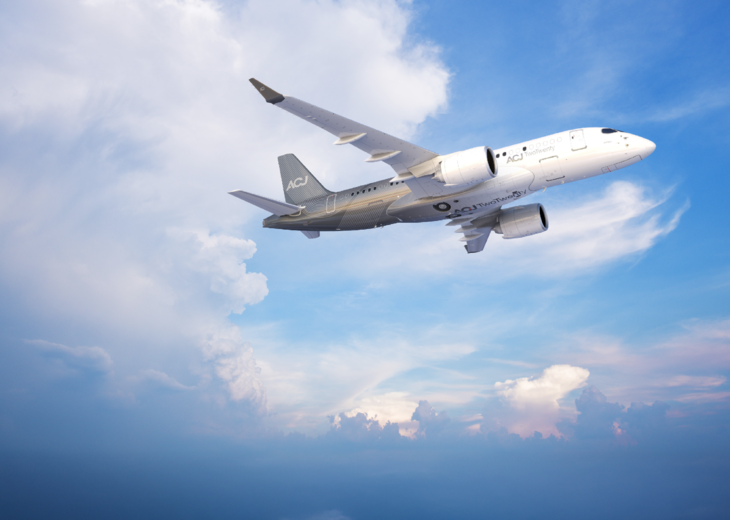 ACJ TwoTwenty flying in the sky
